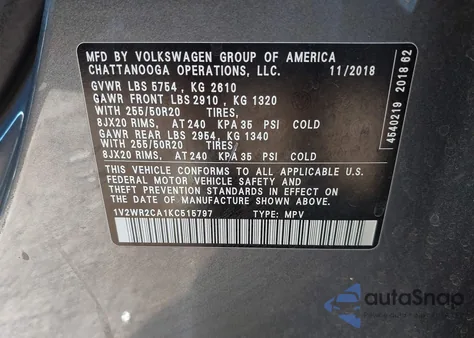 2019 Volkswagen Atlas 3.6L V6 Se W/Technology from USA, damaged, VIN 1V2WR2CA1KC515797